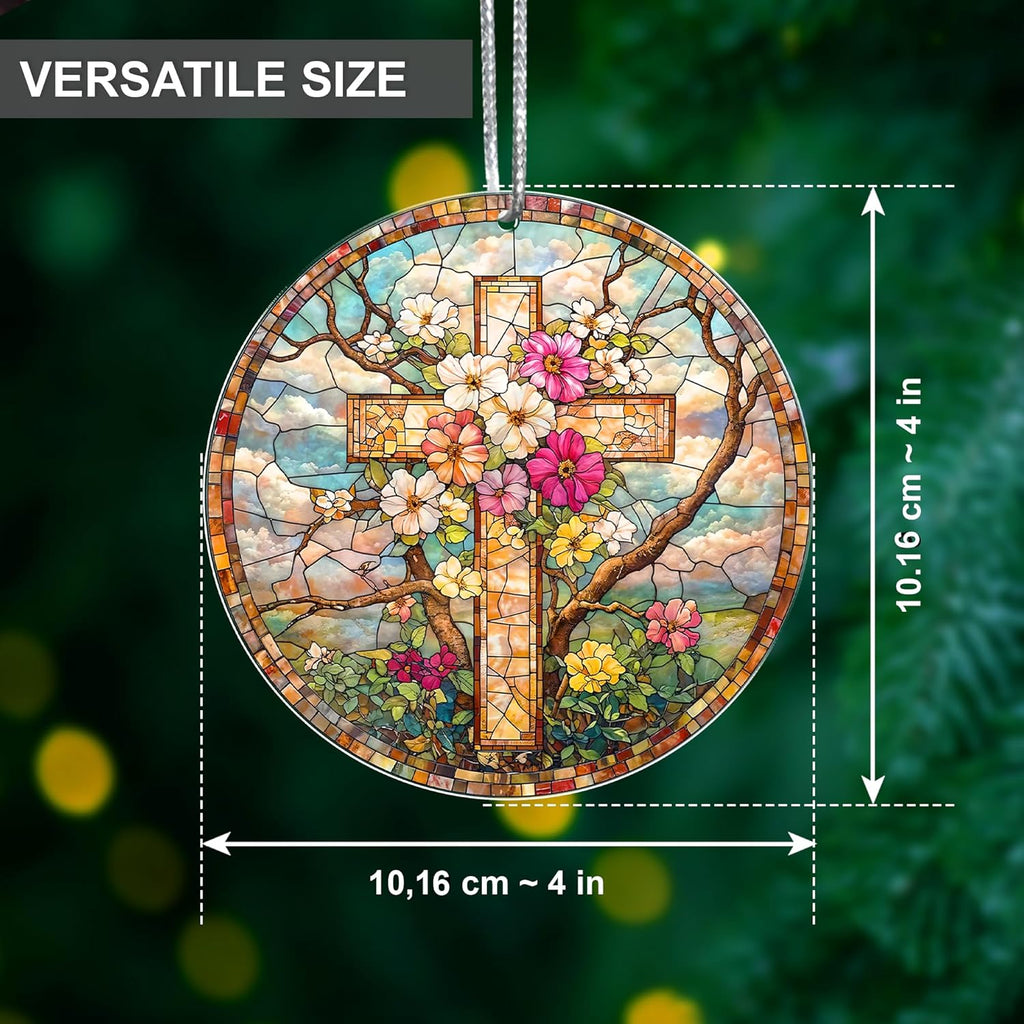 Stained Glass Cross Suncatcher Ornament – Acrylic Hanging Faith Decor for Window, Easter & Christmas Gift