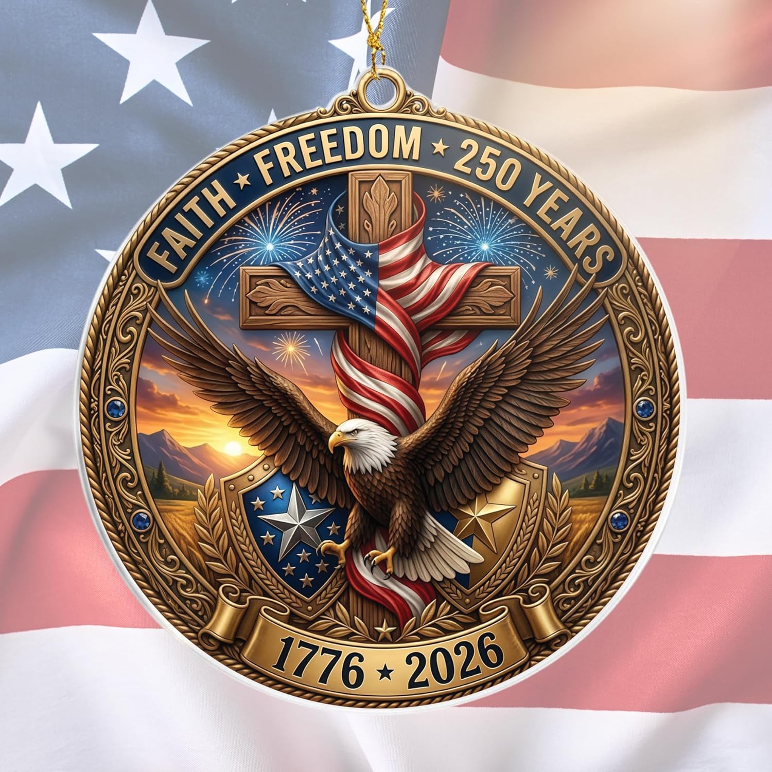 Faith & Freedom Cross Ornament – Patriotic Eagle American Flag Suncatcher, USA 250th Anniversary Keepsake (2026)
