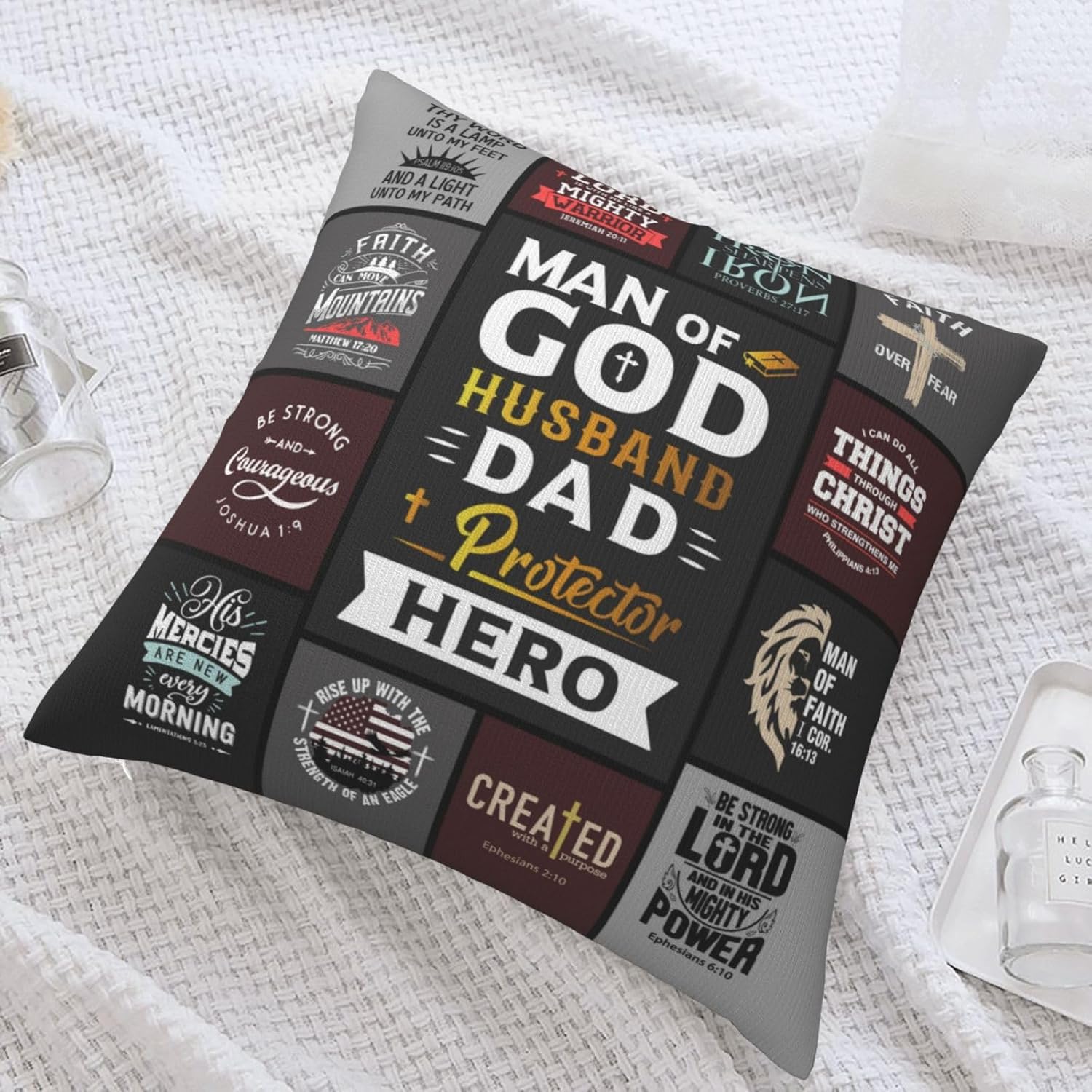 "Man of God" Christian Throw Pillow Cover 18"×18" – Faith Gift for Dad, Husband & Father (Cover Only)
