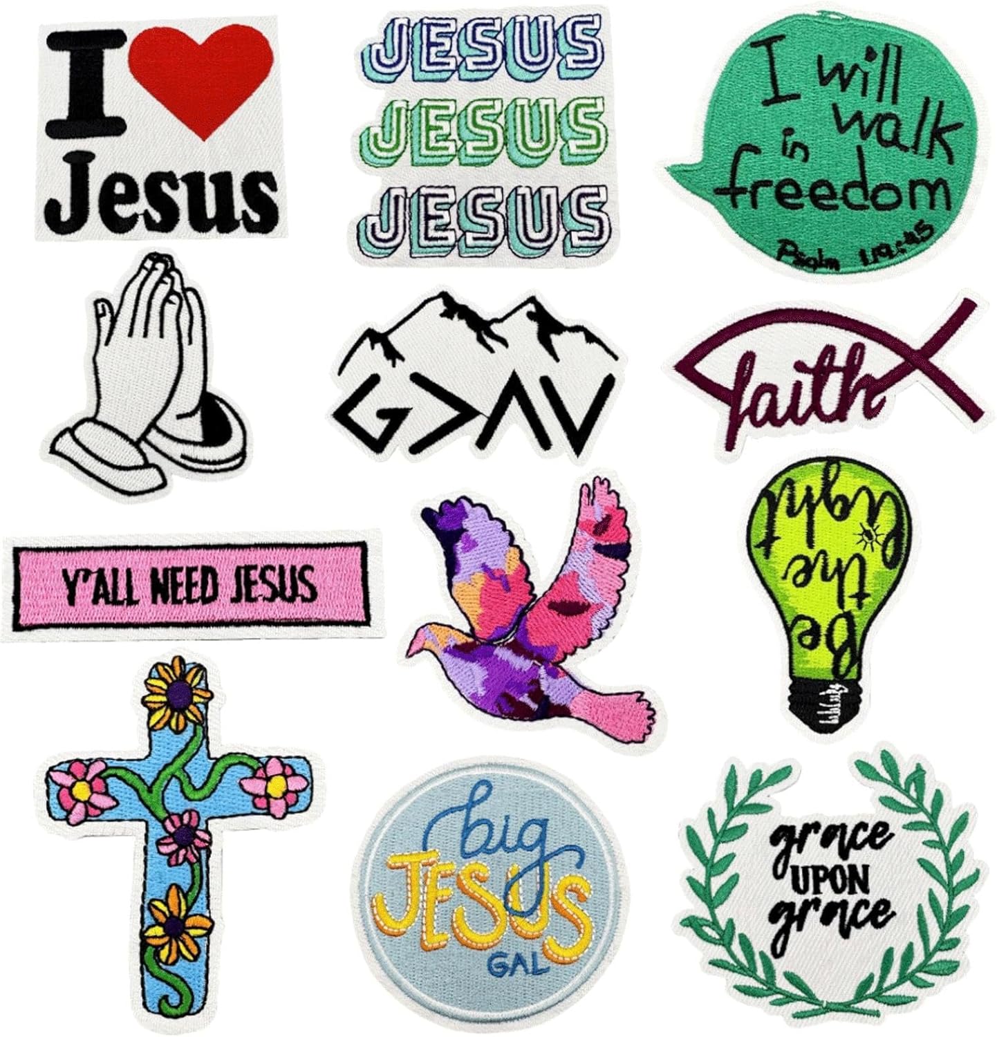 Love Jesus Christian Iron-On Patches – 10 Pack Religious Embroidered Appliqué for Hats, Jeans, Bags & DIY
