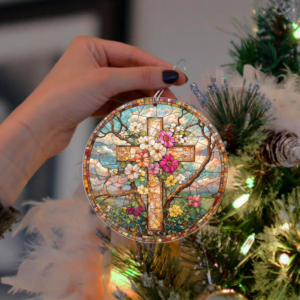 Stained Glass Cross Suncatcher Ornament – Acrylic Hanging Faith Decor for Window, Easter & Christmas Gift