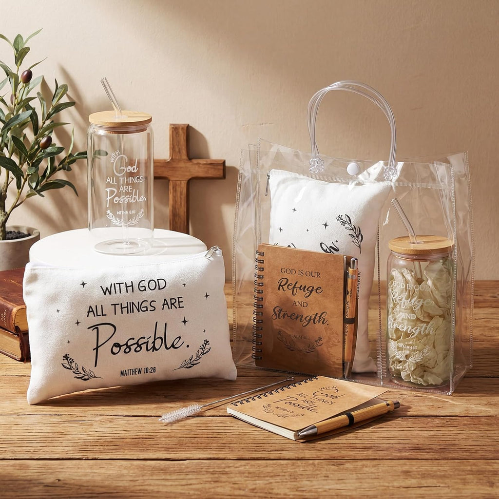 12-Set Christian Gift Bundle – Bible Study Supplies, Glass Cups, Notebooks & Gift Bags for Church & Women's Groups