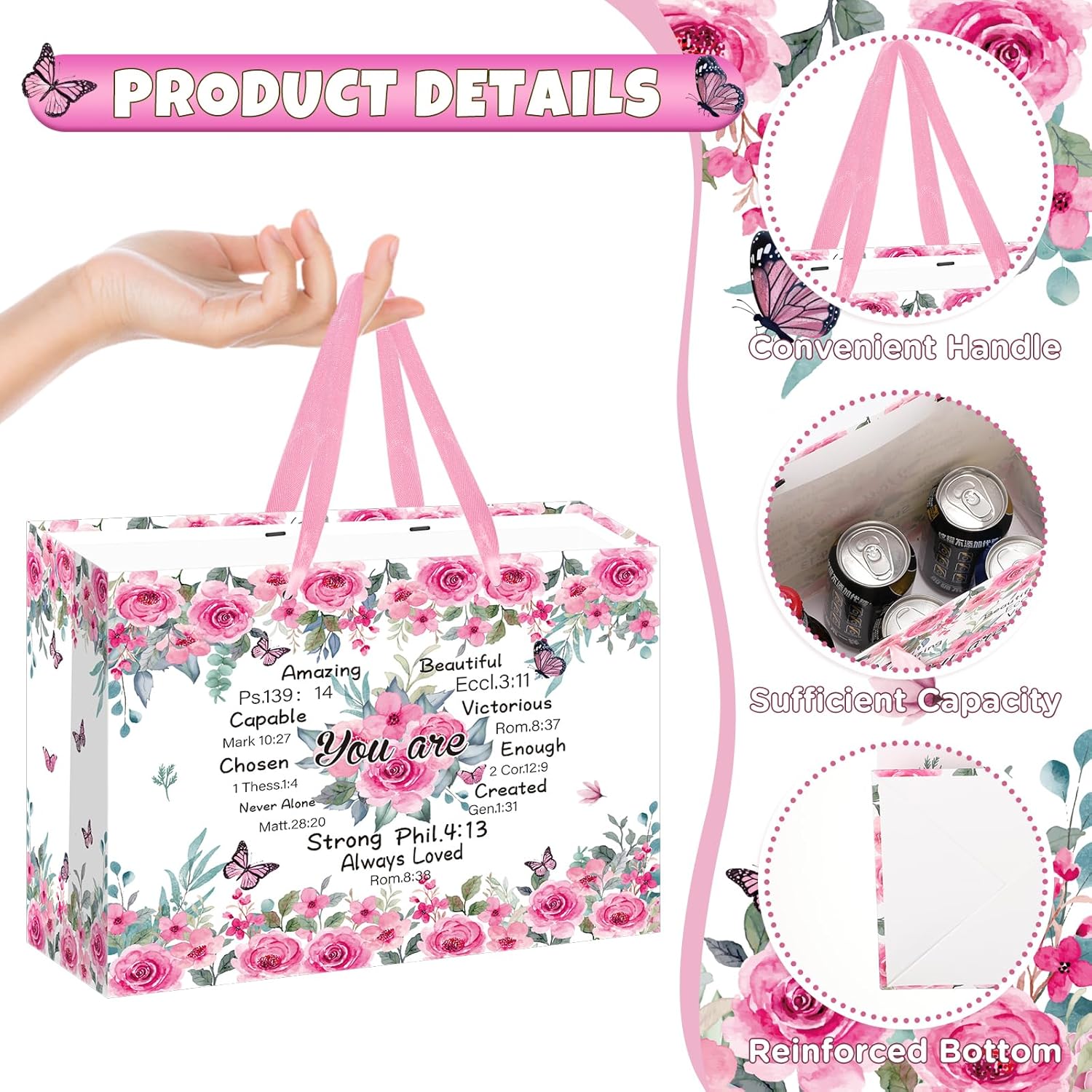 Christian Gift Bag Set – Floral "You Are" Bible Verse Bag with Card & Tissue Paper for Mom & Women