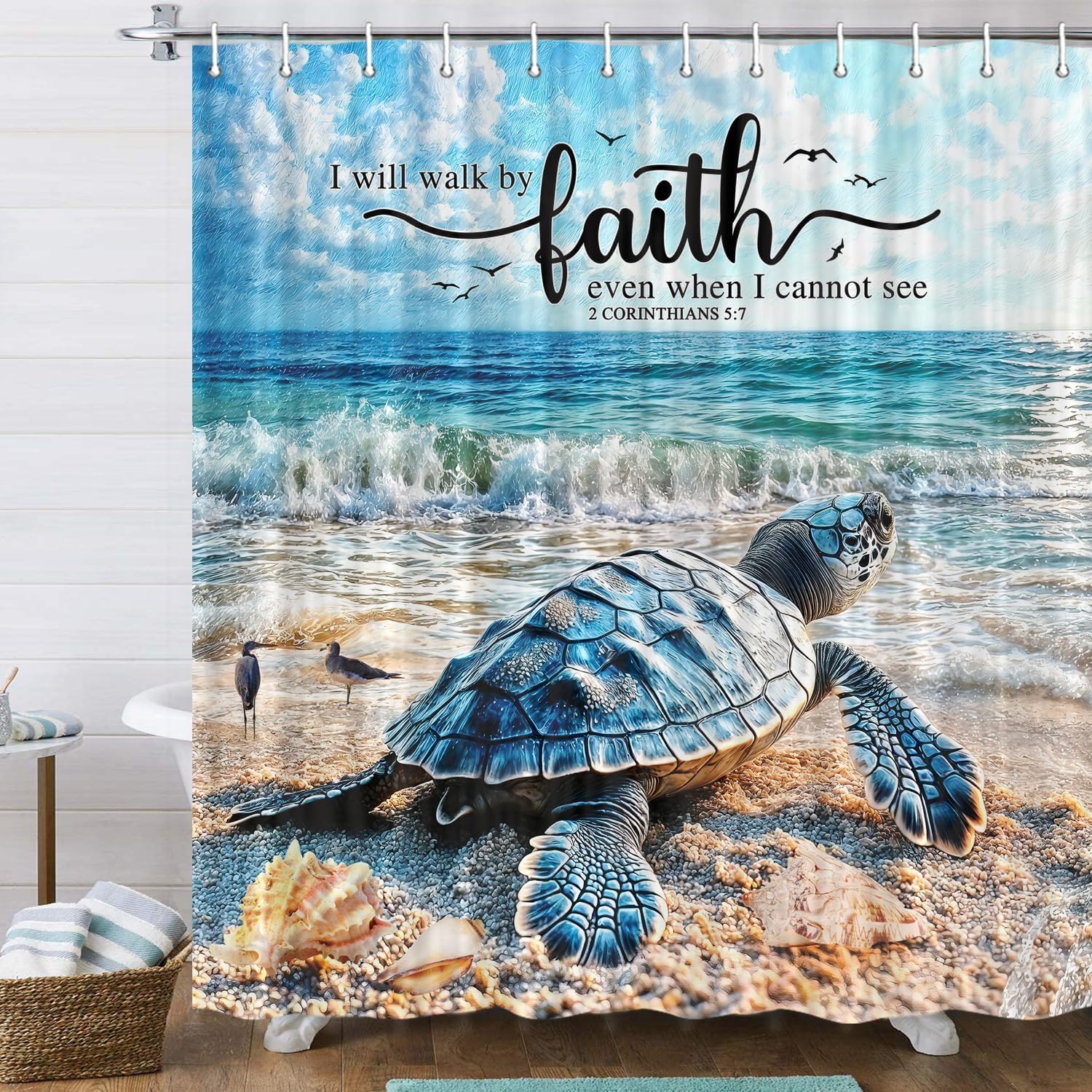 Sea Turtle Bible Verse Shower Curtain, Coastal Christian Decor Accessories Hooks Included 72X72IN