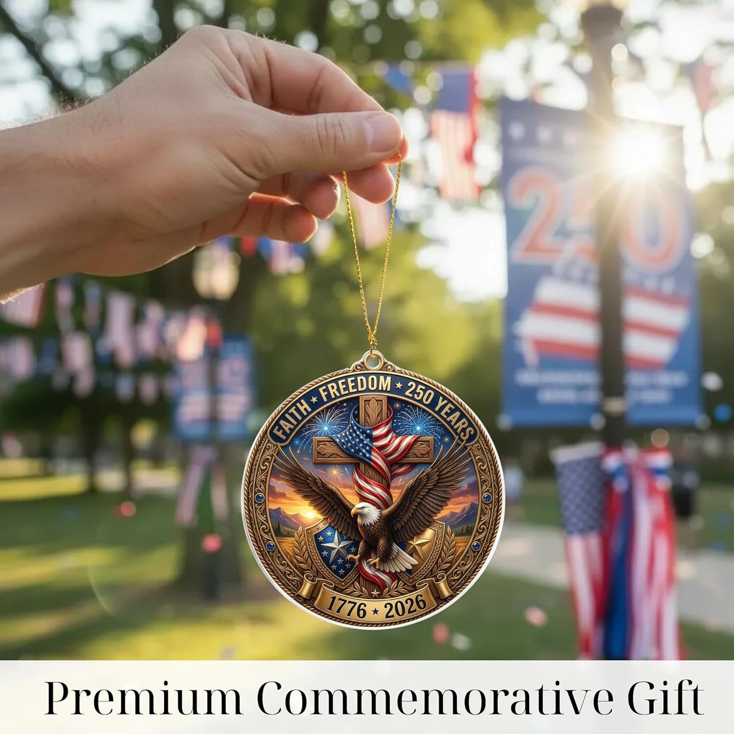 Faith & Freedom Cross Ornament – Patriotic Eagle American Flag Suncatcher, USA 250th Anniversary Keepsake (2026)