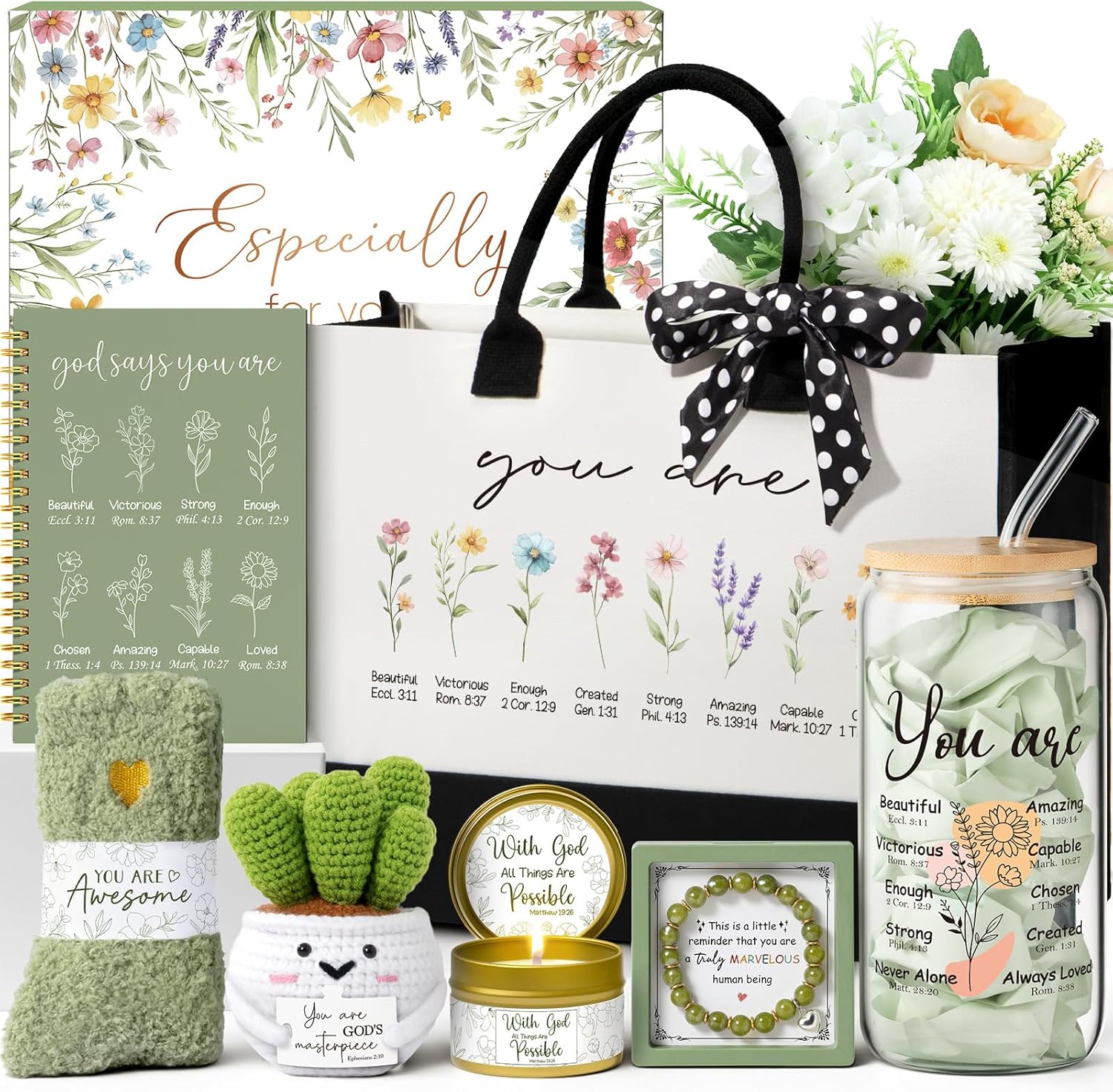 Christian Gift Basket for Women – Canvas Tote, Glass Cup, Candle, Socks & More Faith Gift Set for Her