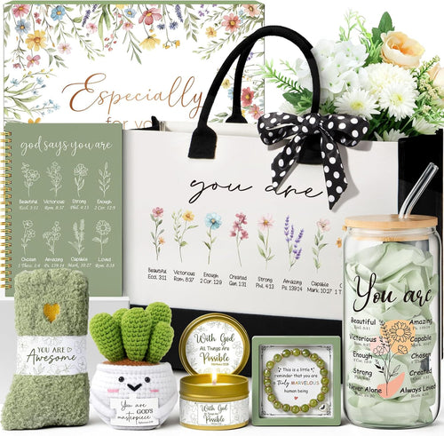 Christian Gift Basket for Women – Canvas Tote, Glass Cup, Candle, Socks & More Faith Gift Set for Her