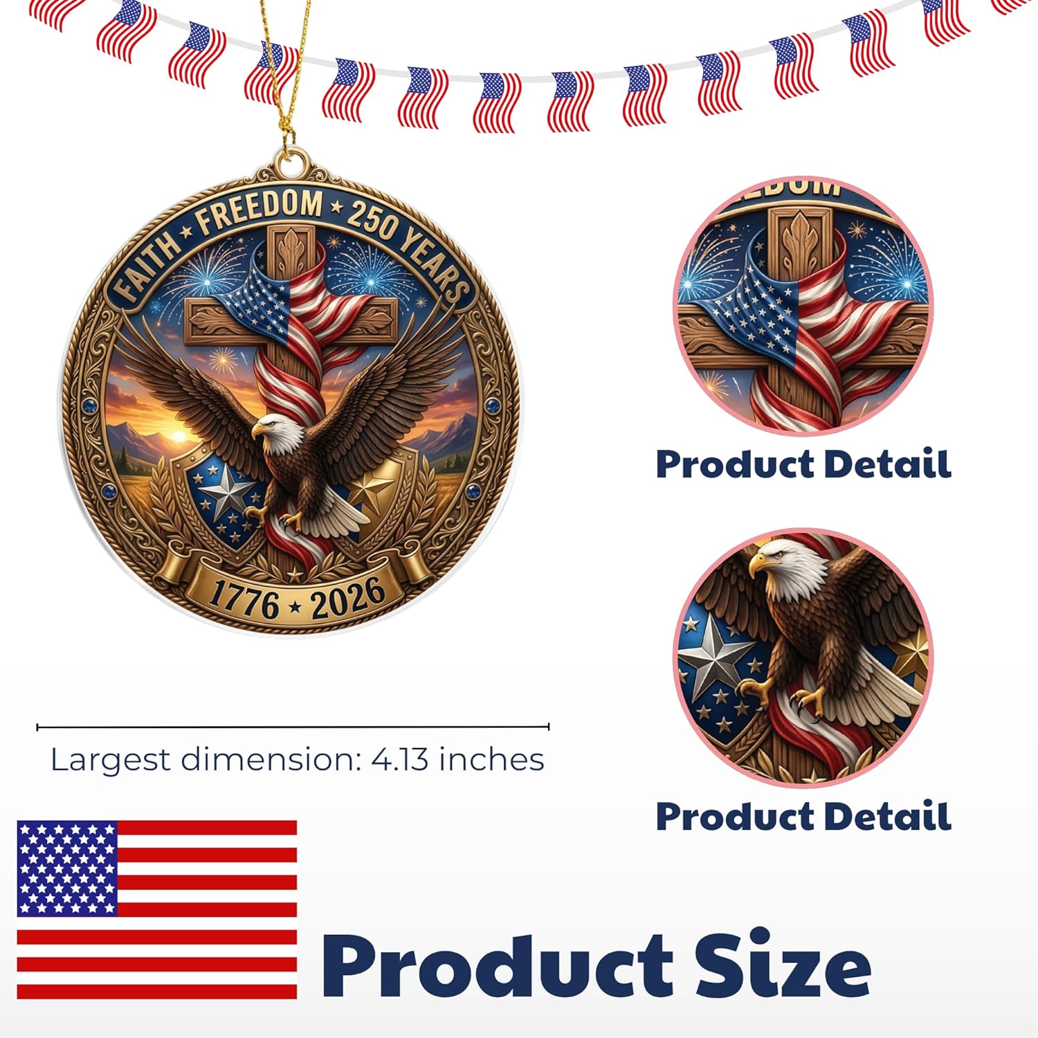 Faith & Freedom Cross Ornament – Patriotic Eagle American Flag Suncatcher, USA 250th Anniversary Keepsake (2026)