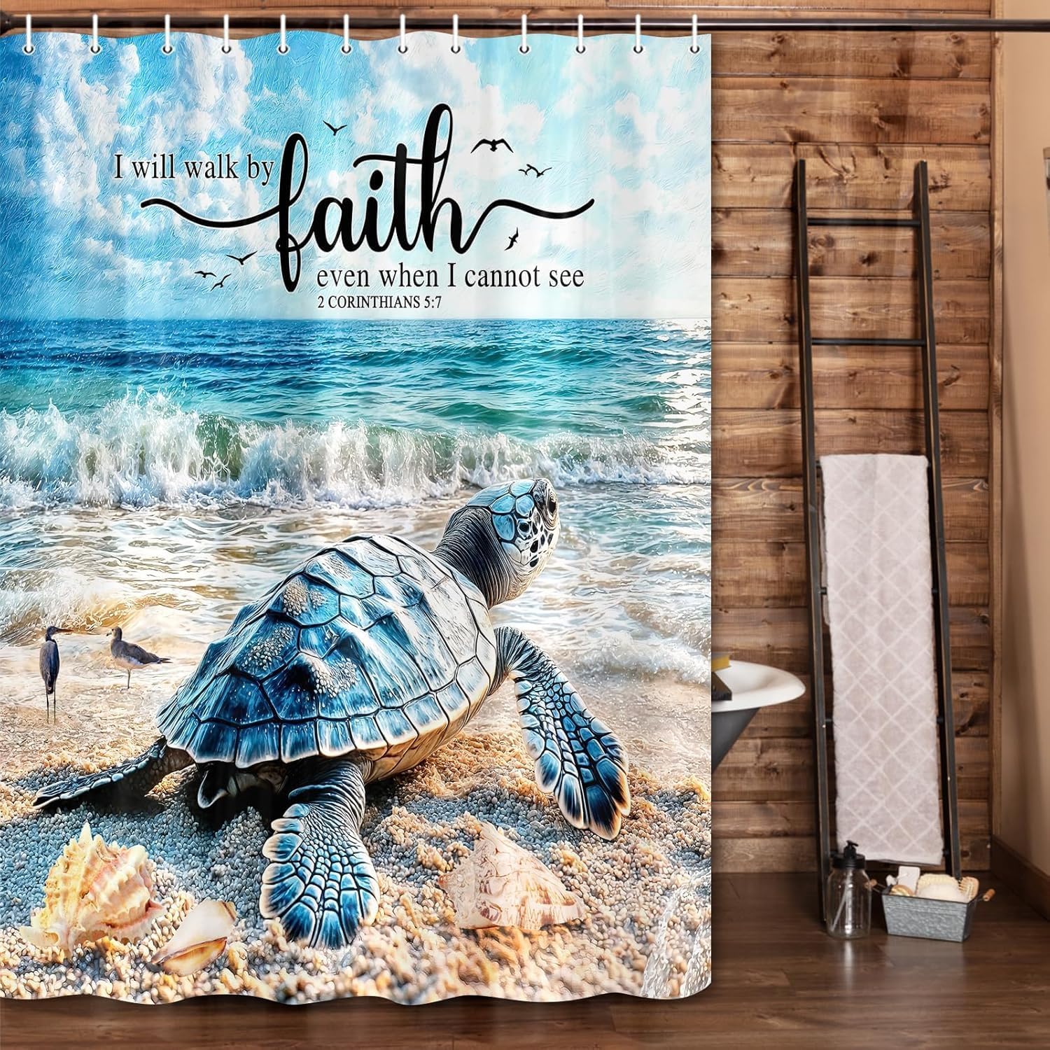 Sea Turtle Bible Verse Shower Curtain, Coastal Christian Decor Accessories Hooks Included 72X72IN