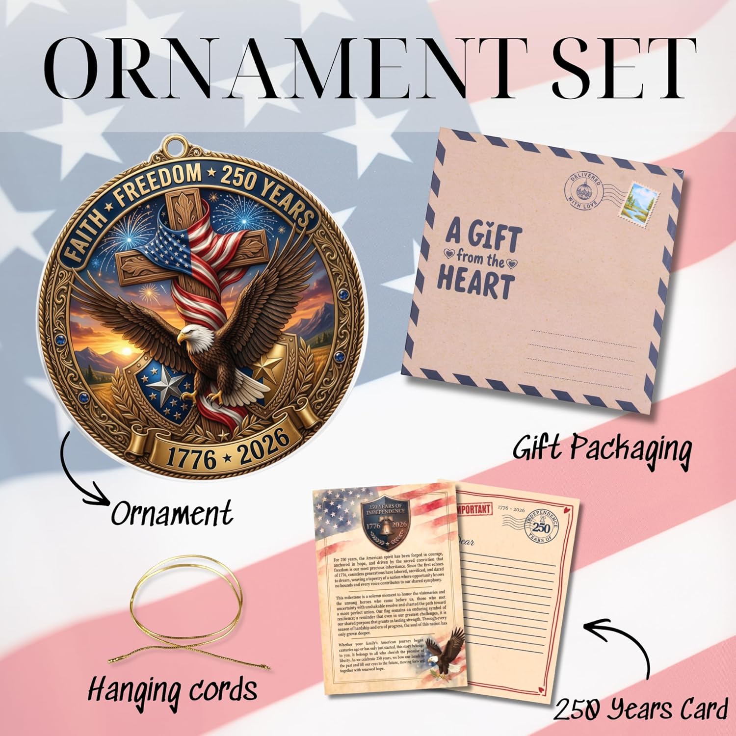 Faith & Freedom Cross Ornament – Patriotic Eagle American Flag Suncatcher, USA 250th Anniversary Keepsake (2026)