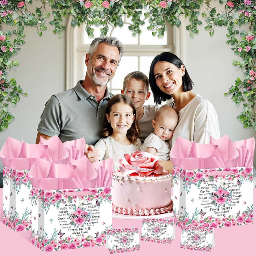 Christian Gift Bag Set – Floral "You Are" Bible Verse Bag with Card & Tissue Paper for Mom & Women