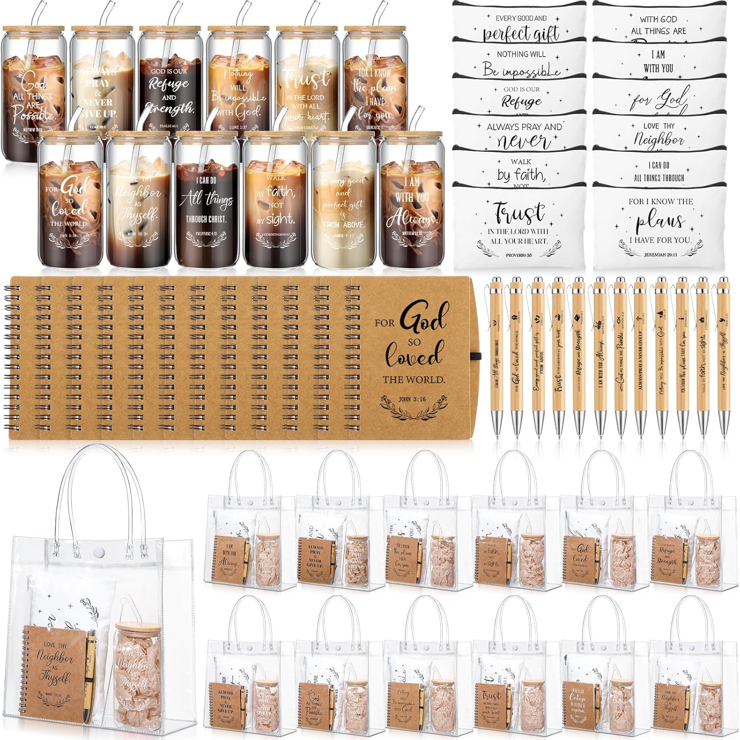 12-Set Christian Gift Bundle – Bible Study Supplies, Glass Cups, Notebooks & Gift Bags for Church & Women's Groups