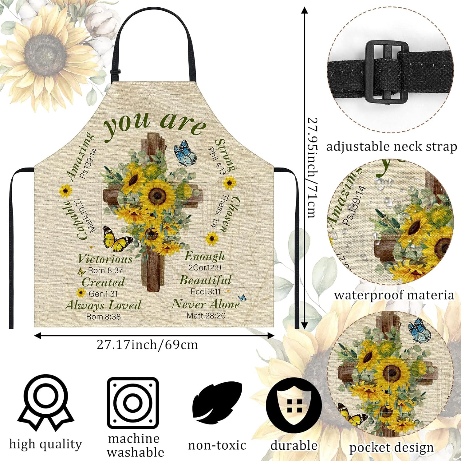Christian Sunflower Apron for Women – "You Are" Bible Verse Apron with 2 Pockets, Faith Gift for Her