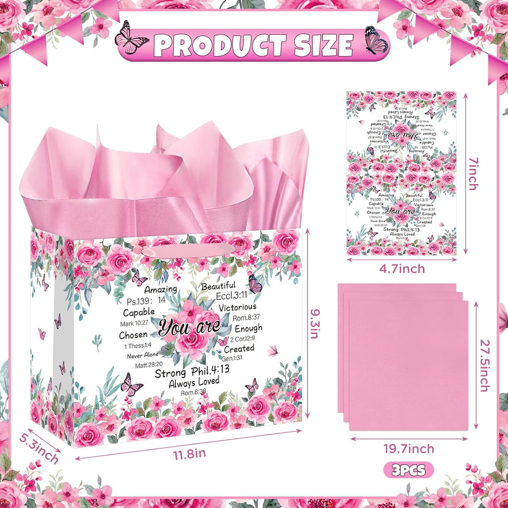Christian Gift Bag Set – Floral "You Are" Bible Verse Bag with Card & Tissue Paper for Mom & Women