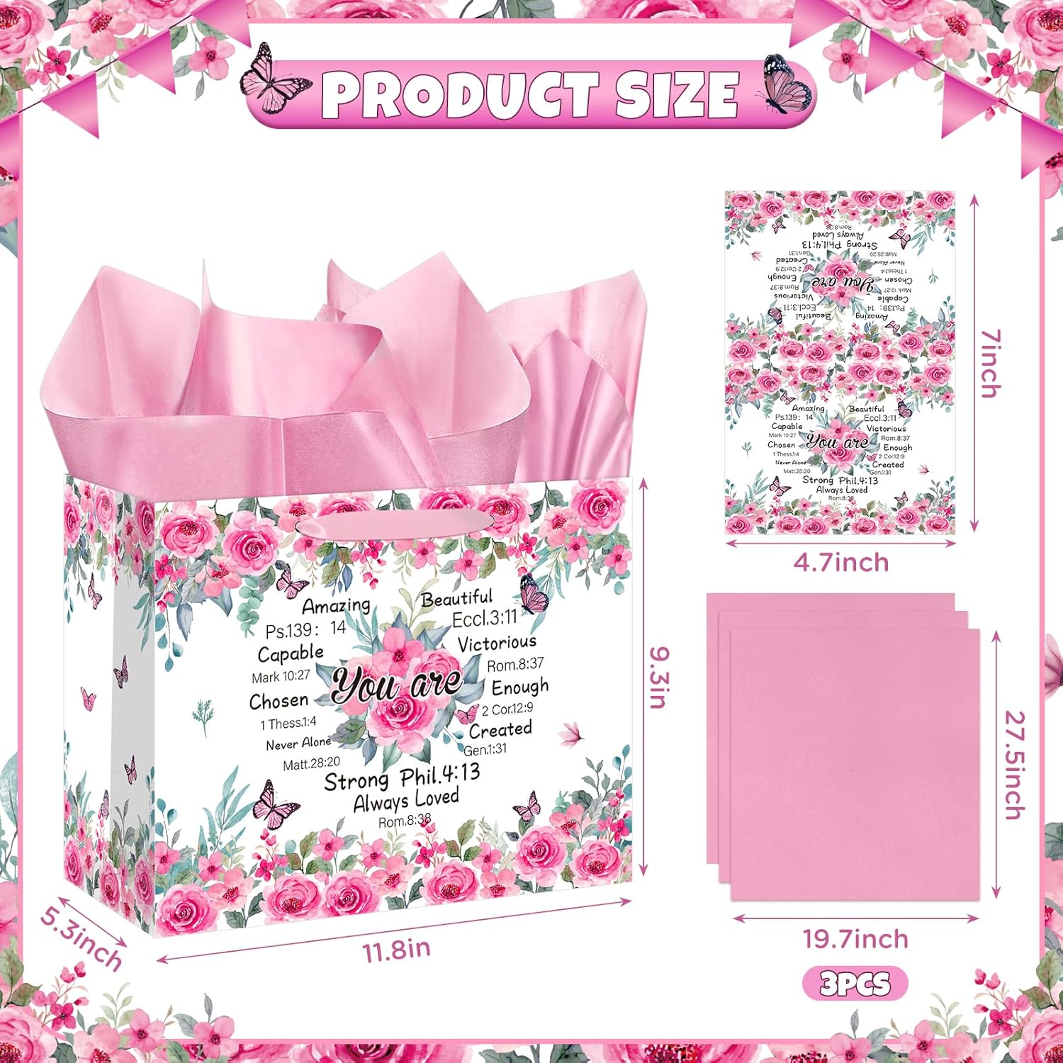 Christian Gift Bag Set – Floral "You Are" Bible Verse Bag with Card & Tissue Paper for Mom & Women