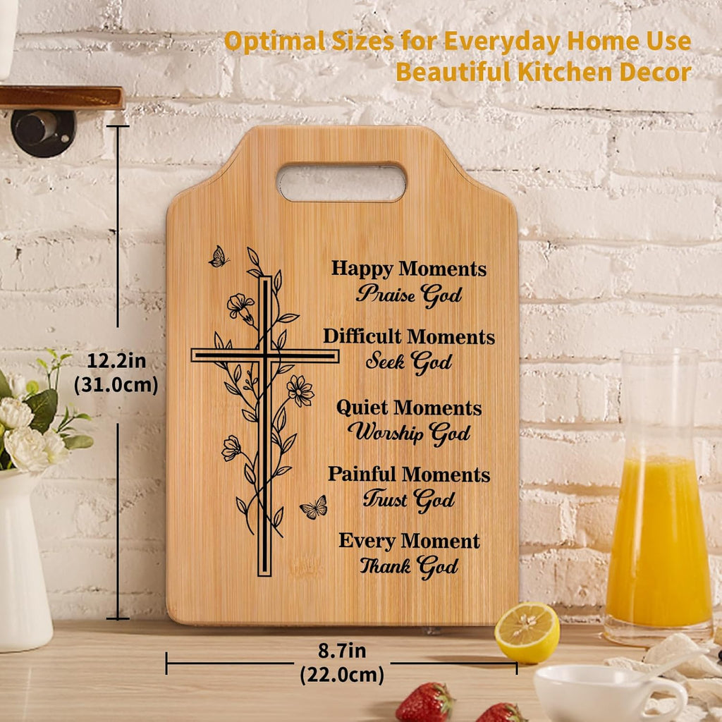 Christian Bamboo Cutting Board with Bible Verse – Engraved Cross Charcuterie & Kitchen Decor, Faith Gift for Her