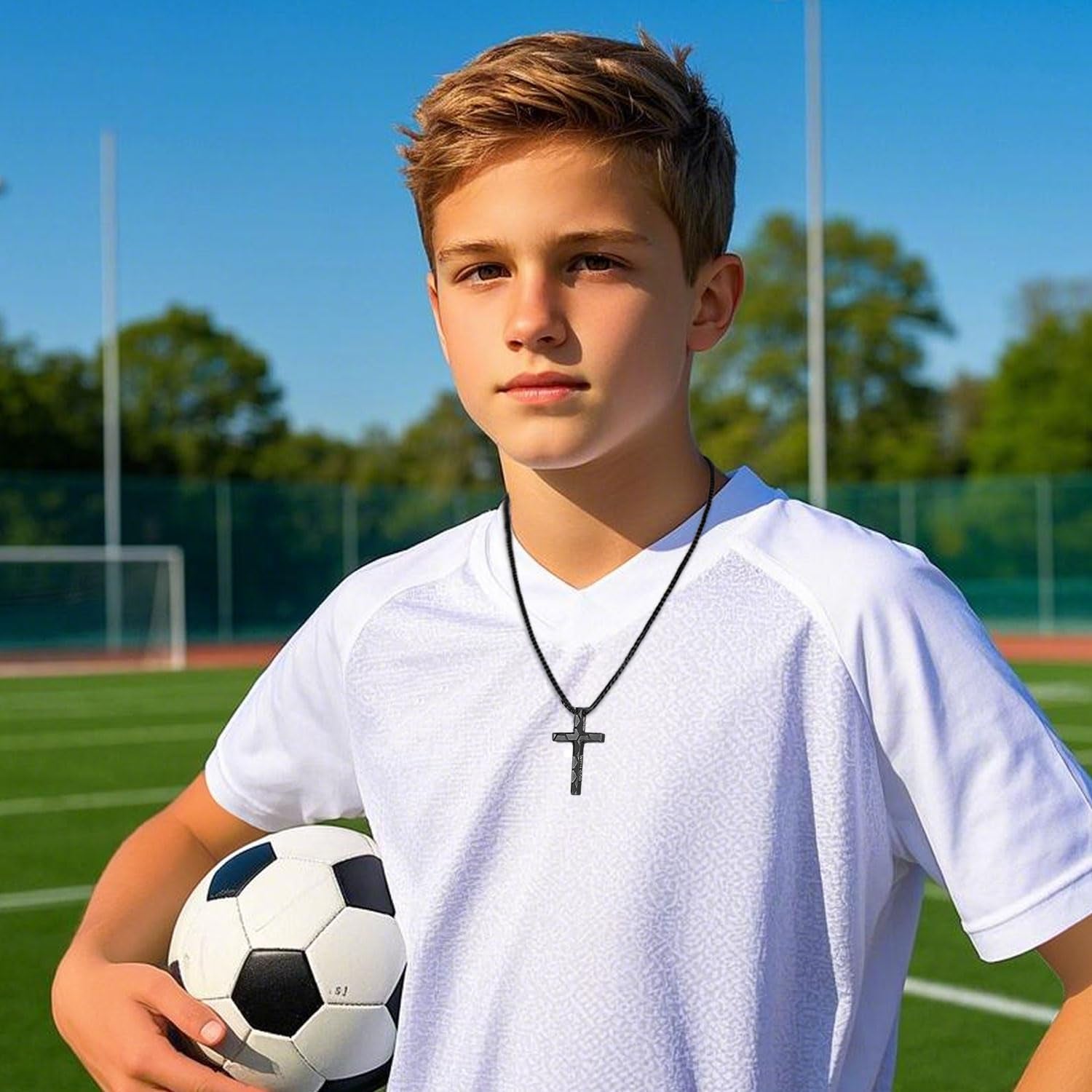 Soccer Cross Necklace for Boys, Stainless Steel Bible Verse Pendant, Christian Gift for Him