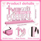 Pink Bow Room Decor, Pink Bow Christian with God All Things Are Possible Table Wooden Centerpieces, Inspirational Bible Verse Quotes Gifts for Women, Coquette Centerpieces Decor for Desk