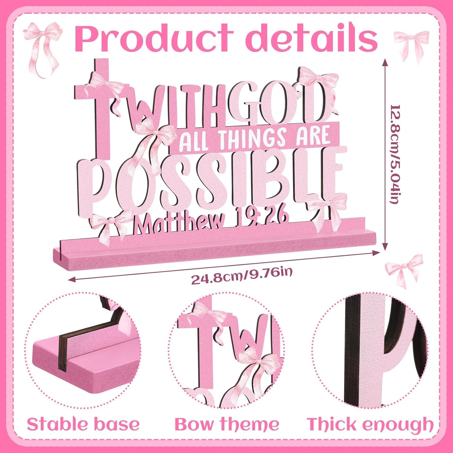 Pink Bow Room Decor, Pink Bow Christian with God All Things Are Possible Table Wooden Centerpieces, Inspirational Bible Verse Quotes Gifts for Women, Coquette Centerpieces Decor for Desk