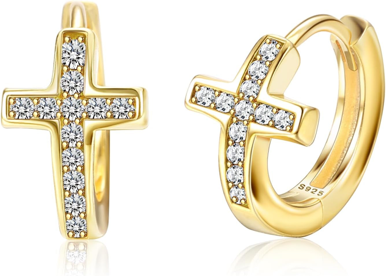 925 Sterling Silver Cross Huggie Earrings, Tiny CZ Cross Hoops for Women, Christian Gift