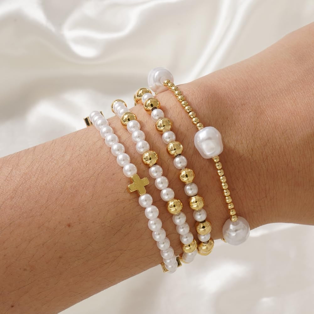 Gold Cross Pearl Bracelet Stack for Women, Stackable Faith Bracelet Set
