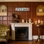Jesus Saves Metal Tin Sign, Vintage Christian Wall Decor 4x16