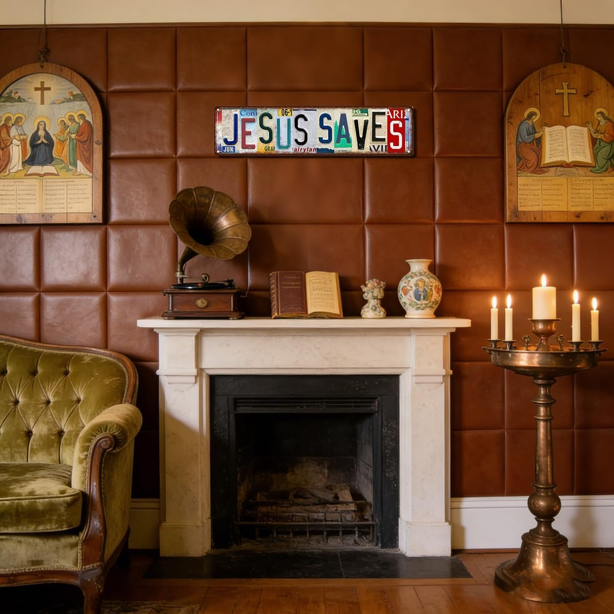 Jesus Saves Metal Tin Sign, Vintage Christian Wall Decor 4x16