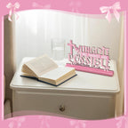 Pink Bow Room Decor, Pink Bow Christian with God All Things Are Possible Table Wooden Centerpieces, Inspirational Bible Verse Quotes Gifts for Women, Coquette Centerpieces Decor for Desk