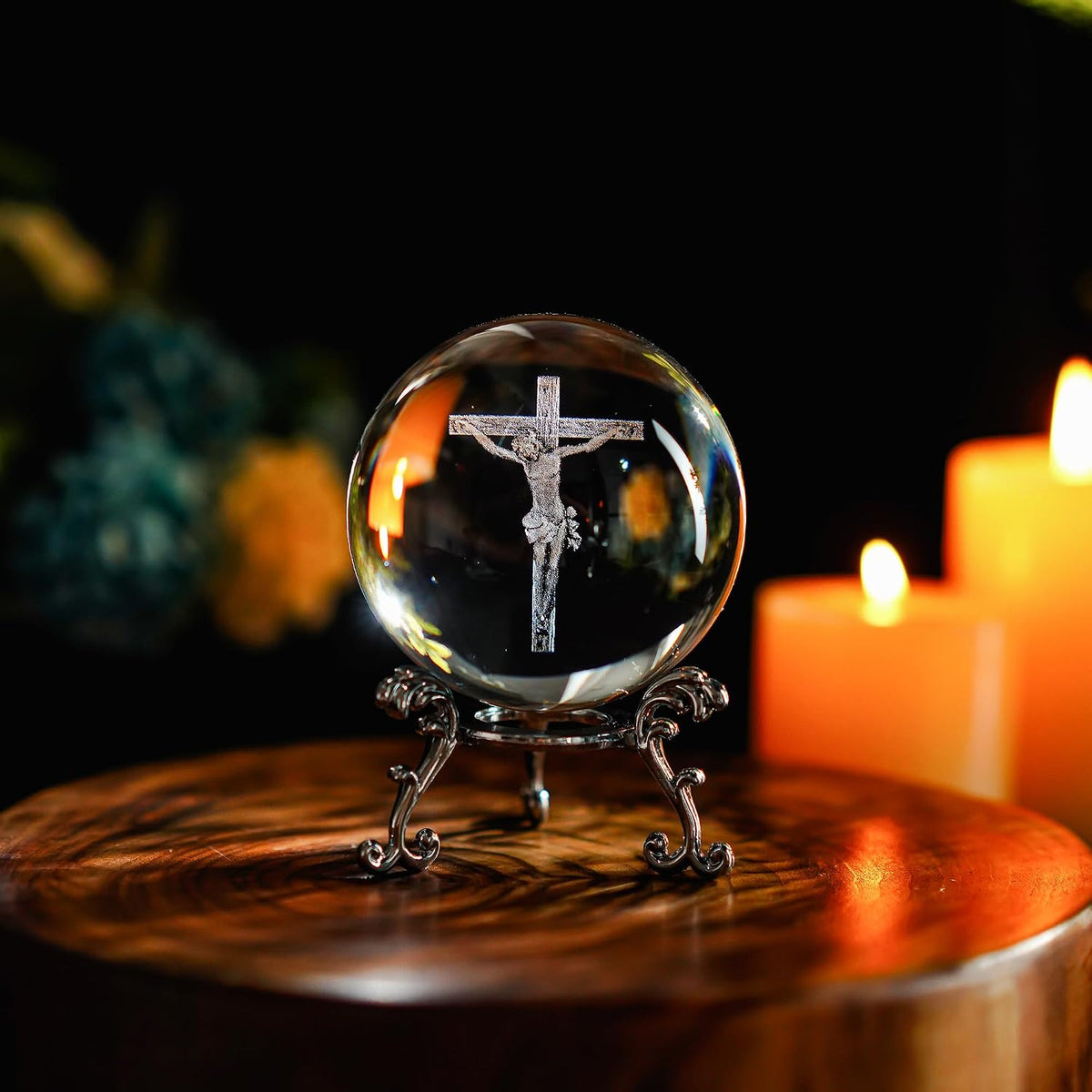 2.3In Jesus Crystal Ball with Stand 3D Cross Gift for Christian Catholic | K9 Crystal Laser Engraving Includes Metal Display Stand Gift Box Ready Ideal for Prayer Room Church Home Display