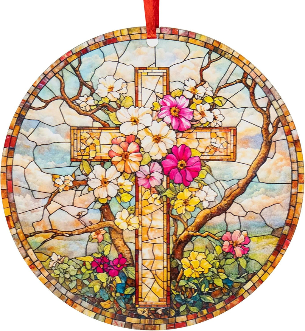 Stained Glass Cross Suncatcher Ornament – Acrylic Hanging Faith Decor for Window, Easter & Christmas Gift