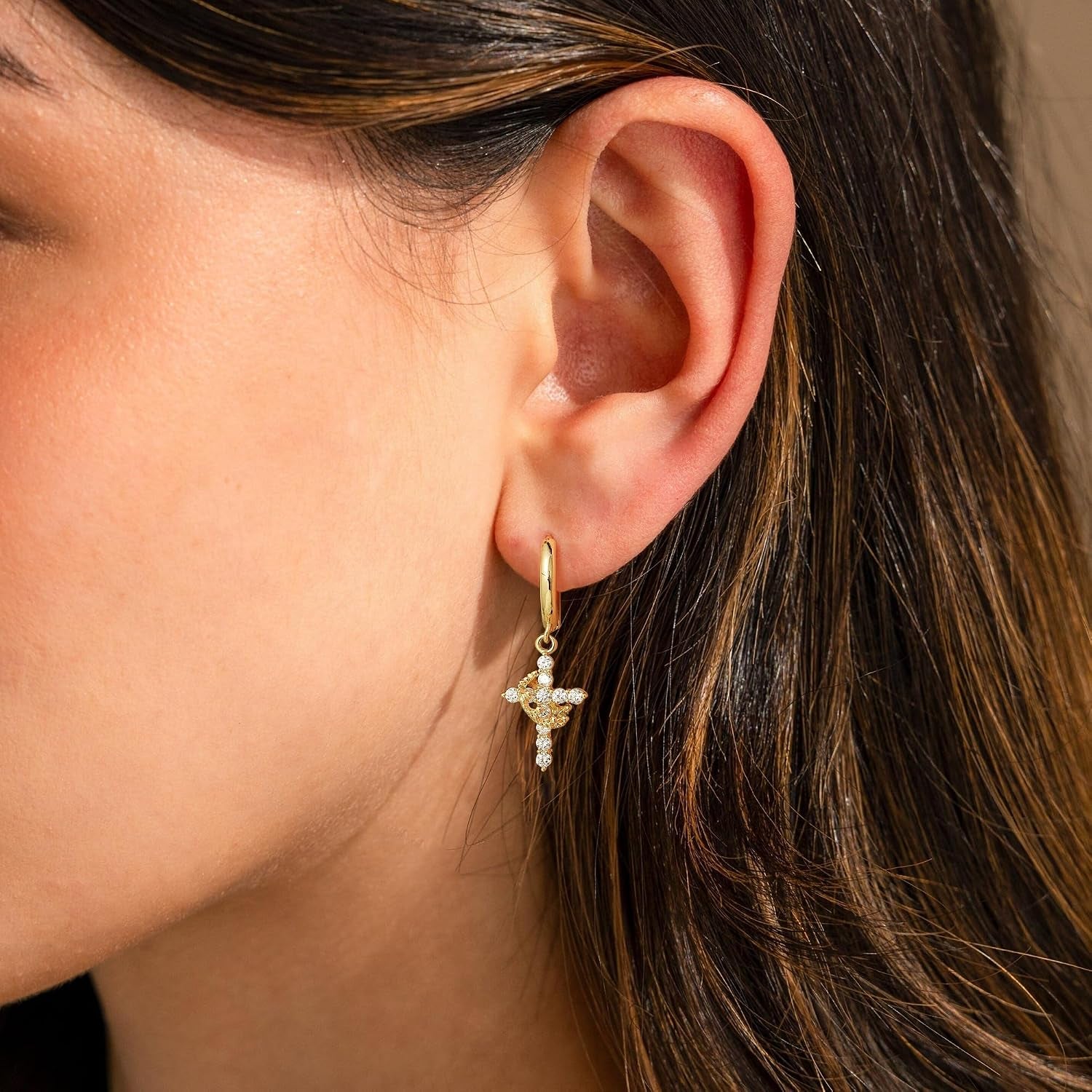 Gold Crown Cross Earrings for Women, CZ Cross Huggie Hoops, Christian Faith Gift