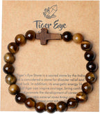Natural Stone Cross Bracelet for Men & Women – 8mm Beaded Tiger's Eye Stretch Bracelet, Christian Faith Gift