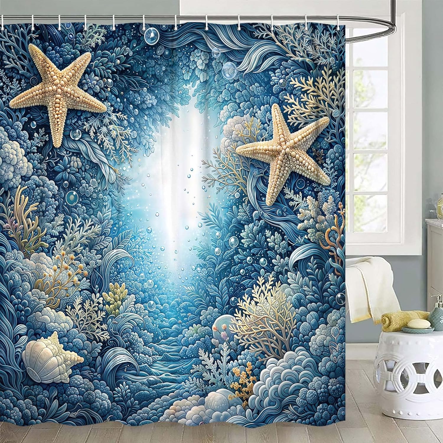 Sea Turtle Bible Verse Shower Curtain, Coastal Christian Decor Accessories Hooks Included 72X72IN