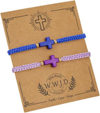 WWJD Cross Bracelet Set for Couples, 2 Pc Braided Rope Faith Bracelets, Matching Christian Gift
