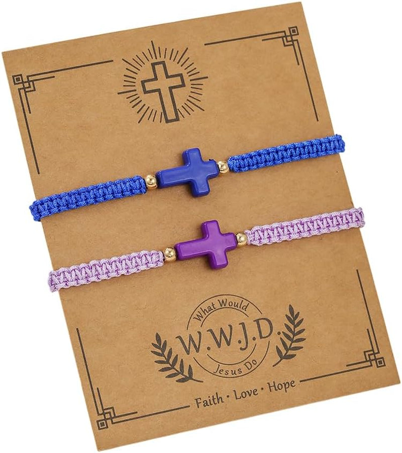 WWJD Cross Bracelet Set for Couples, 2 Pc Braided Rope Faith Bracelets, Matching Christian Gift