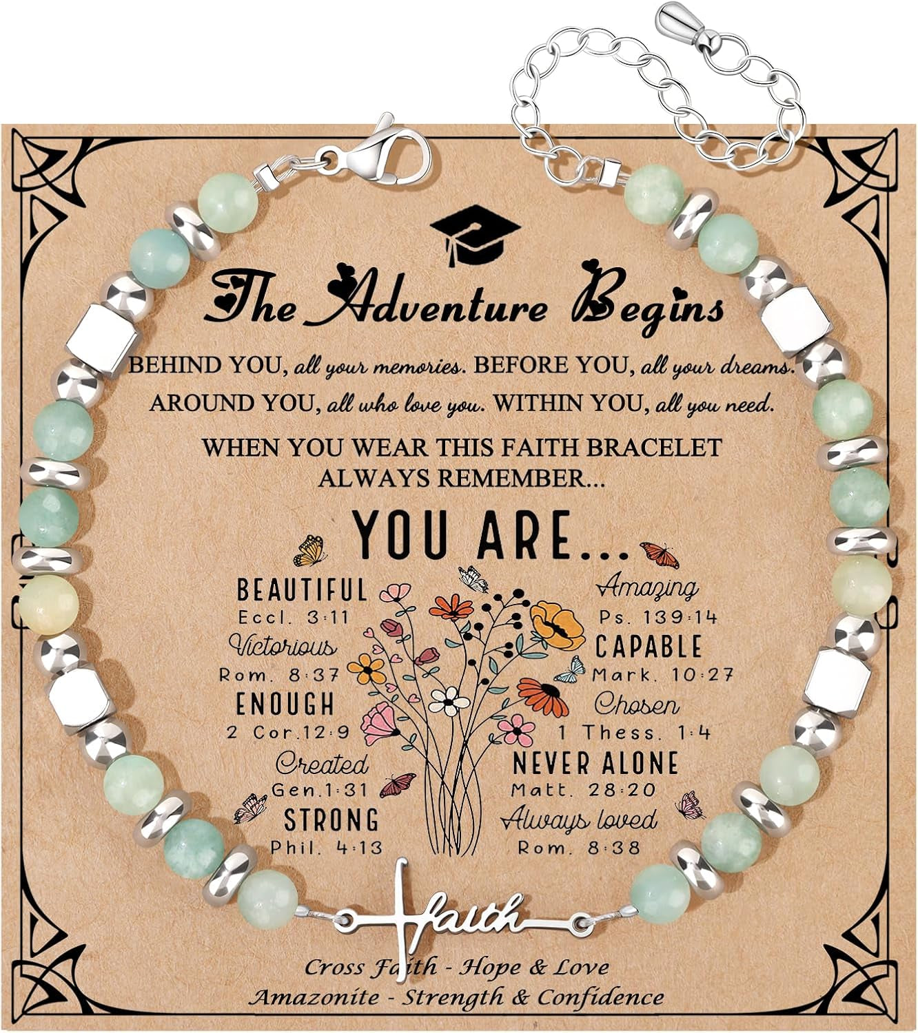 Cross Faith Bracelet for Women, Amazonite Beaded Stretch Bracelet, Christian Gift for Her