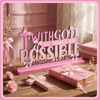 Pink Bow Room Decor, Pink Bow Christian with God All Things Are Possible Table Wooden Centerpieces, Inspirational Bible Verse Quotes Gifts for Women, Coquette Centerpieces Decor for Desk