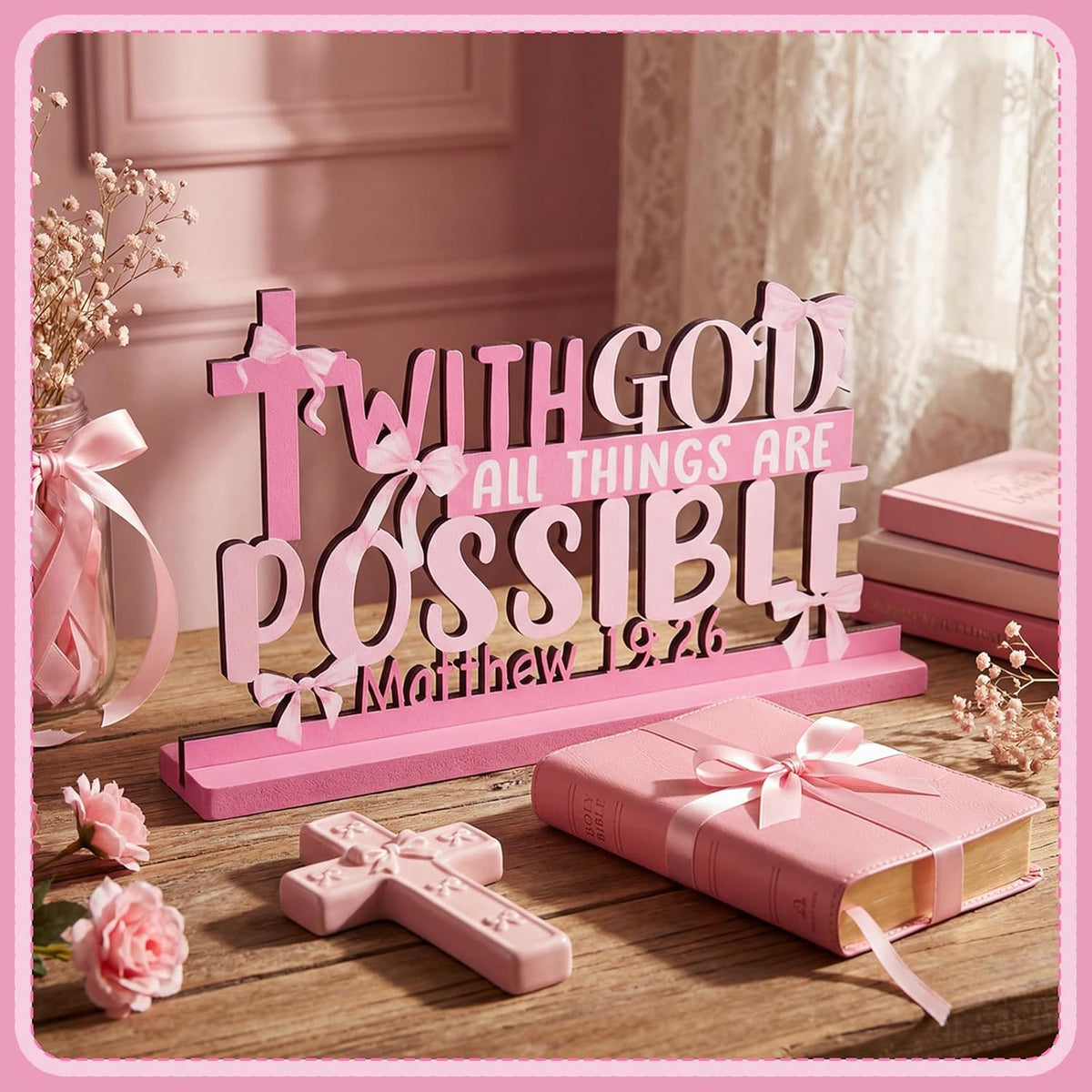 Pink Bow Room Decor, Pink Bow Christian with God All Things Are Possible Table Wooden Centerpieces, Inspirational Bible Verse Quotes Gifts for Women, Coquette Centerpieces Decor for Desk