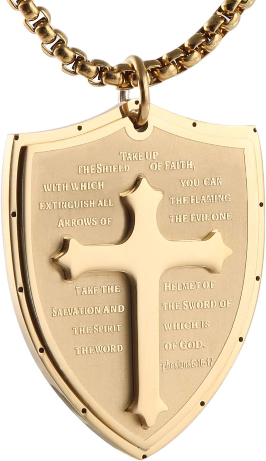 Armor of God Cross Necklace for Men, Stainless Steel Ephesians 6:16-17 Pendant, Christian Gift