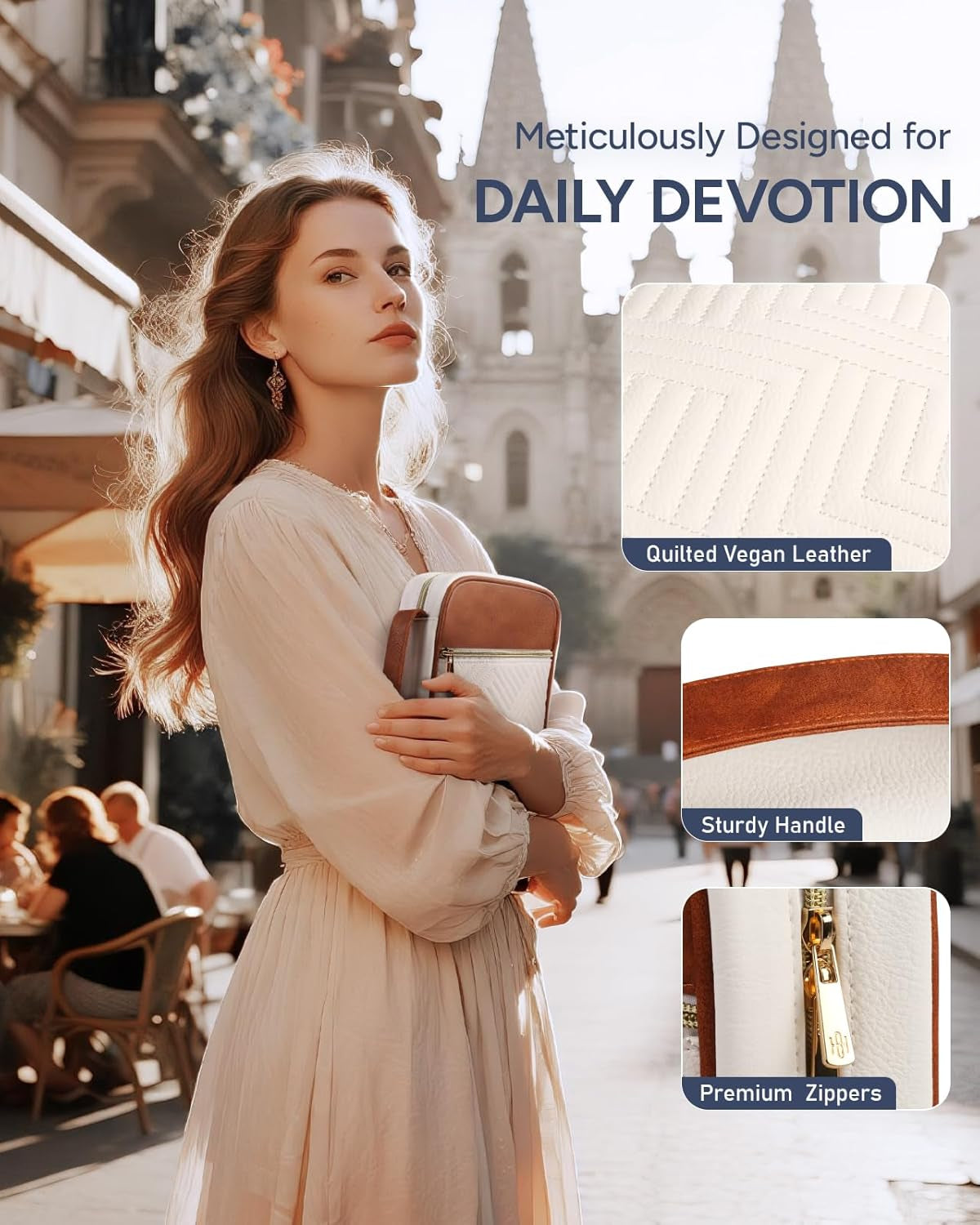 Quilted Vegan Leather Bible Cover for Women, Bible Case with Handle