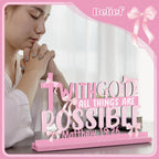 Pink Bow Room Decor, Pink Bow Christian with God All Things Are Possible Table Wooden Centerpieces, Inspirational Bible Verse Quotes Gifts for Women, Coquette Centerpieces Decor for Desk