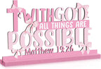Pink Bow Room Decor, Pink Bow Christian with God All Things Are Possible Table Wooden Centerpieces, Inspirational Bible Verse Quotes Gifts for Women, Coquette Centerpieces Decor for Desk