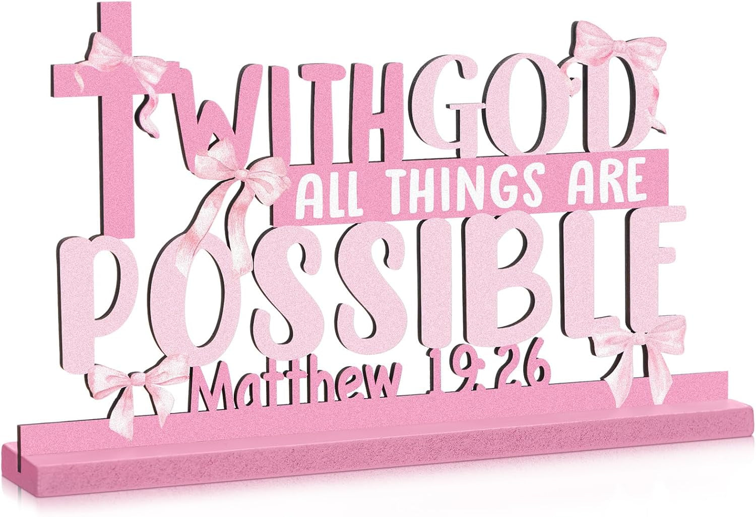 Pink Bow Room Decor, Pink Bow Christian with God All Things Are Possible Table Wooden Centerpieces, Inspirational Bible Verse Quotes Gifts for Women, Coquette Centerpieces Decor for Desk