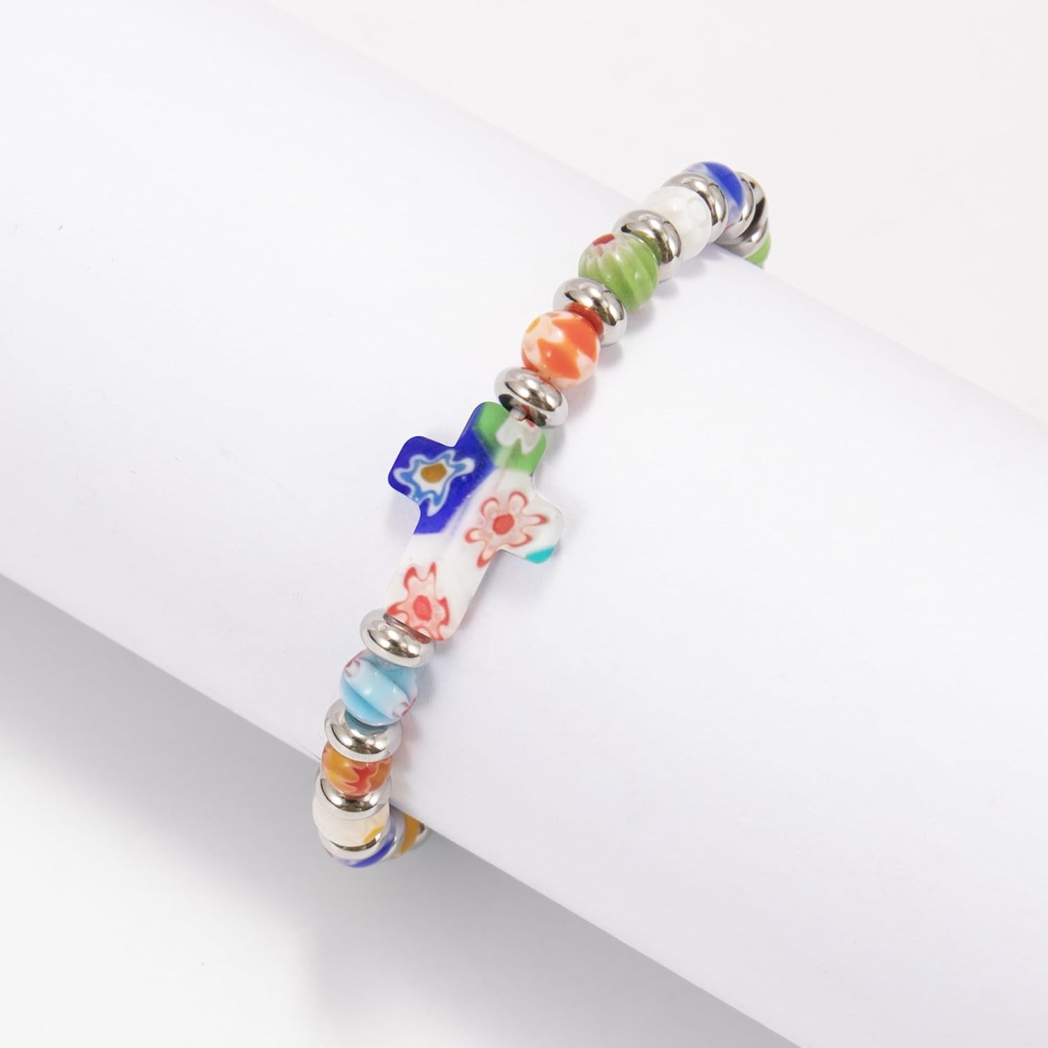 Millefiori Glass Cross Bracelet, Rainbow Beaded Rosary Bracelet, Christian Faith Gift