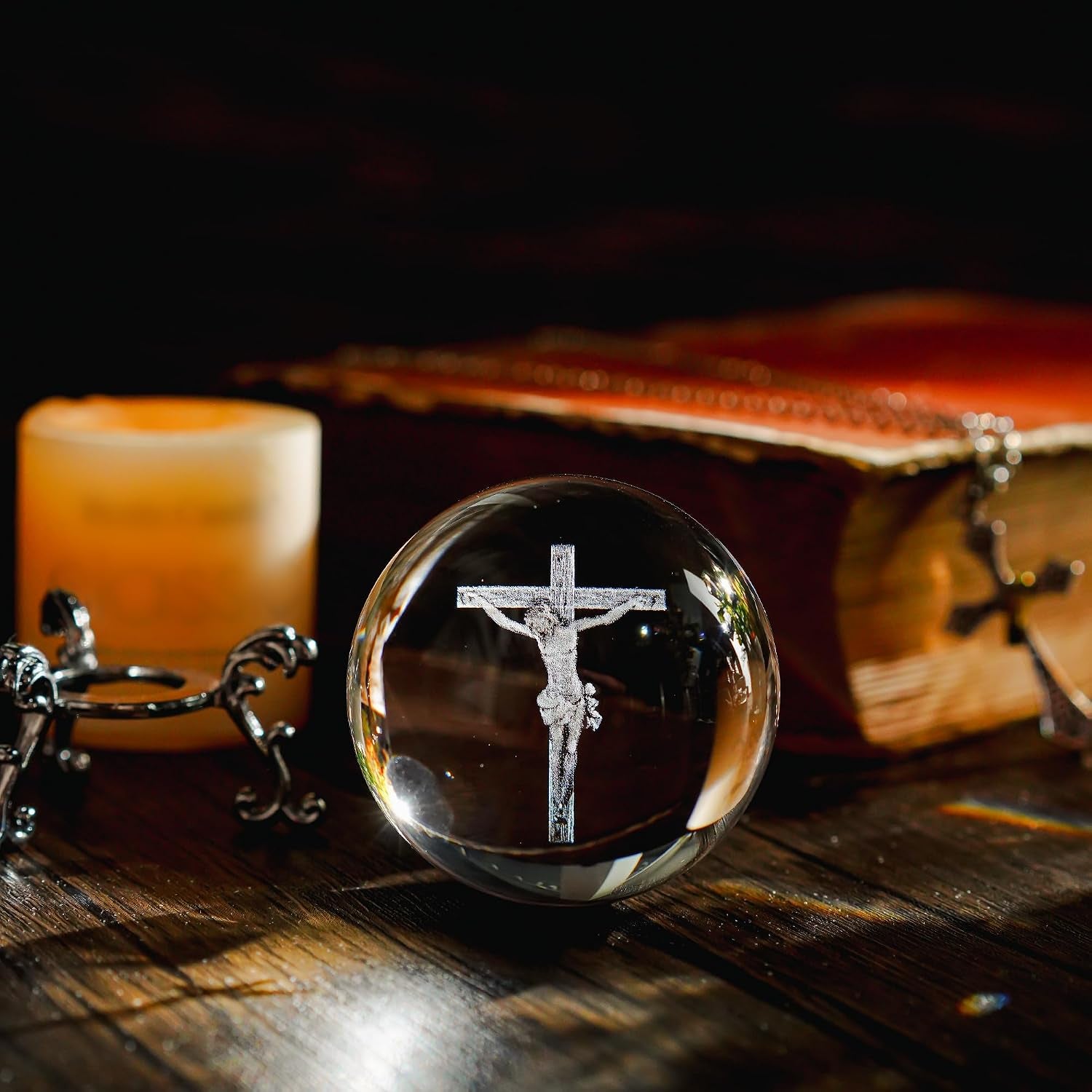 2.3In Jesus Crystal Ball with Stand 3D Cross Gift for Christian Catholic | K9 Crystal Laser Engraving Includes Metal Display Stand Gift Box Ready Ideal for Prayer Room Church Home Display
