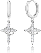 Gold Crown Cross Earrings for Women, CZ Cross Huggie Hoops, Christian Faith Gift