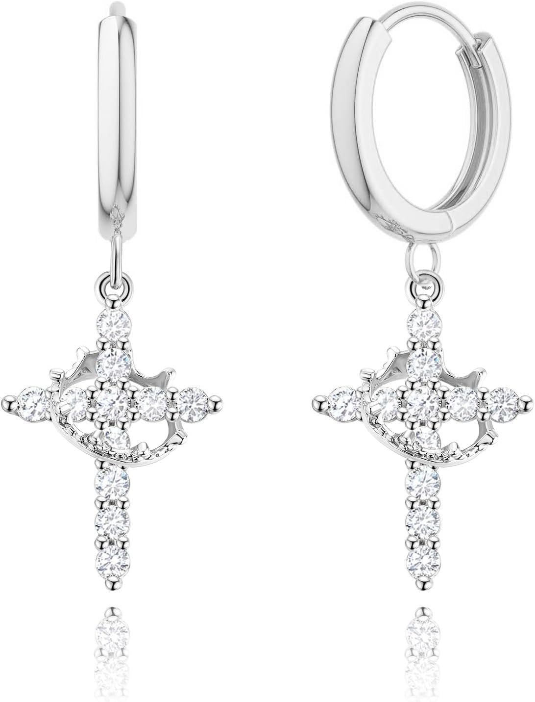 Gold Crown Cross Earrings for Women, CZ Cross Huggie Hoops, Christian Faith Gift