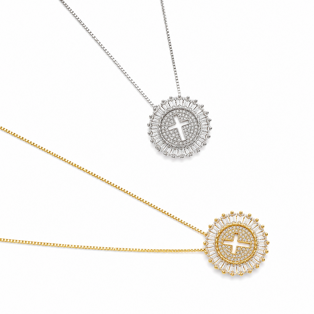 Shine Circle Cross Necklace - Cubic Zirconia Faith Pendant in Gold or Silver