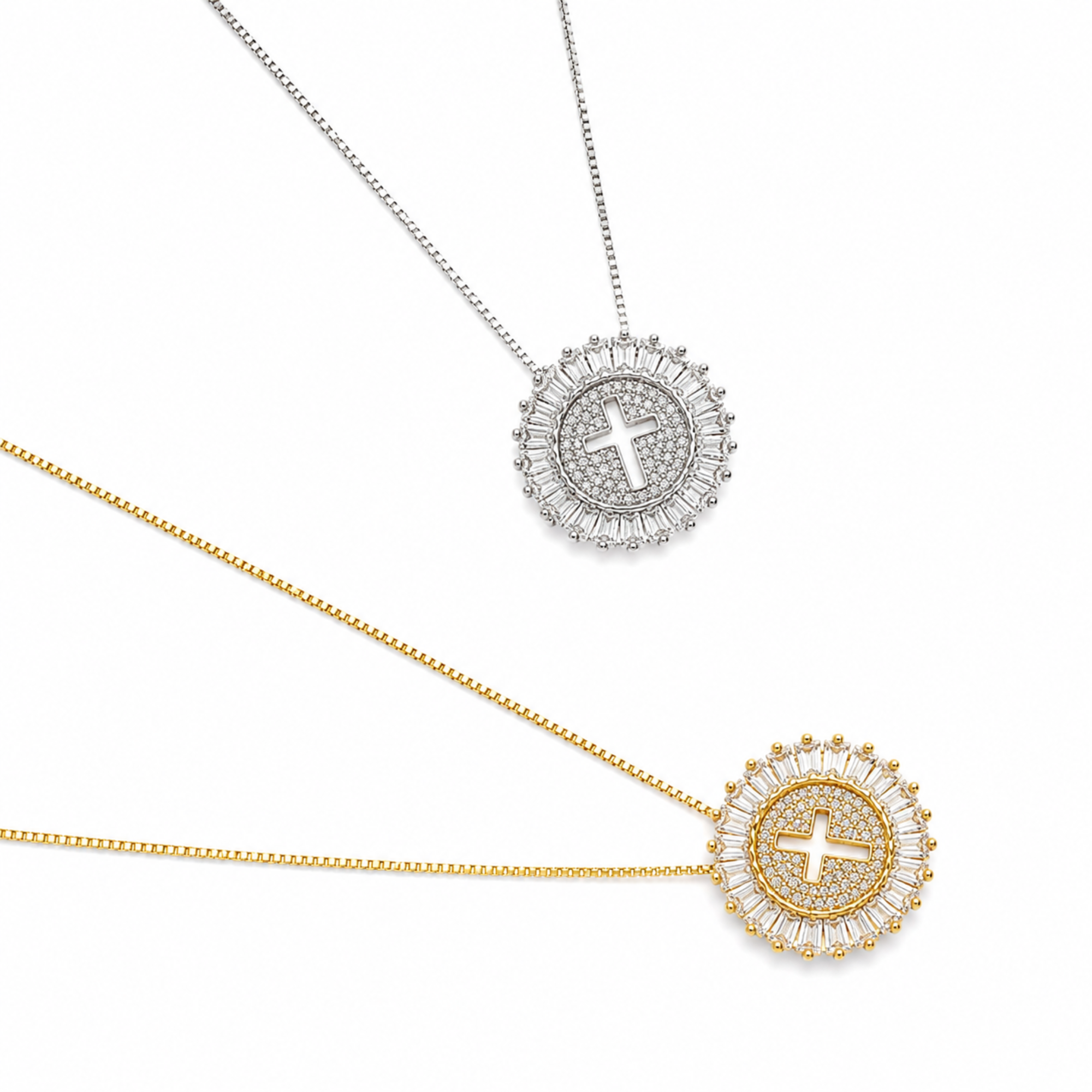 Shine Circle Cross Necklace - Cubic Zirconia Faith Pendant in Gold or Silver