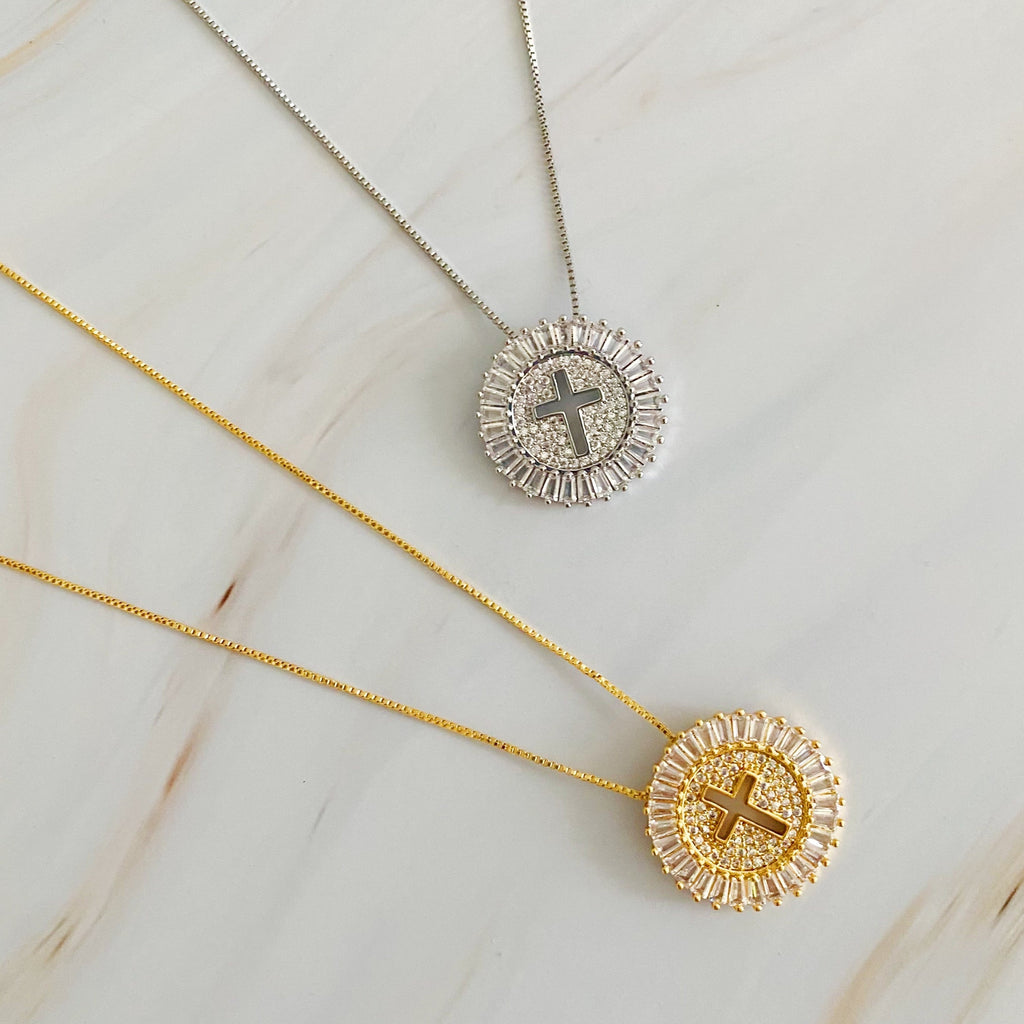 Shine Circle Cross Necklace - Cubic Zirconia Faith Pendant in Gold or Silver